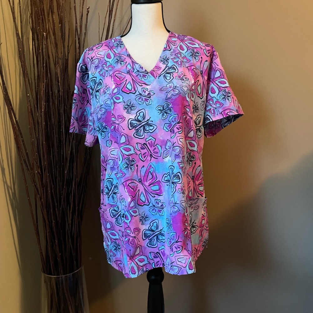 Butterfly Print Women's Top - Pink and Blue